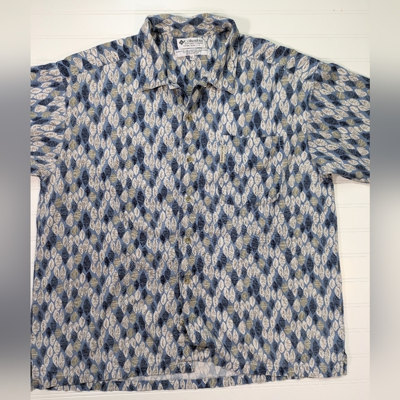 Columbia Blue Hawaiian Print Linen Blend Button Down Shirt - Picture 1 of 4